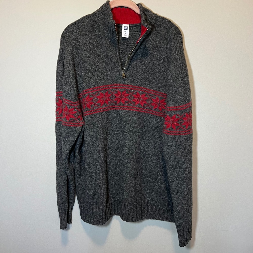 Gap Men's XL Lambswool Quarter Zip Sweater Gray Red Nordic Snowflake Fair Isle